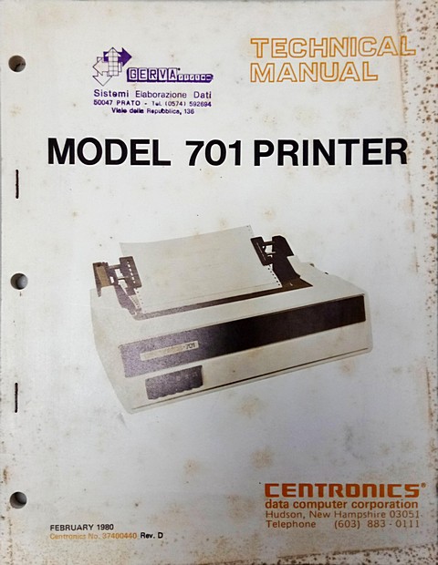 Manuale di 200 pagine Centronics model 701 printer technical manual